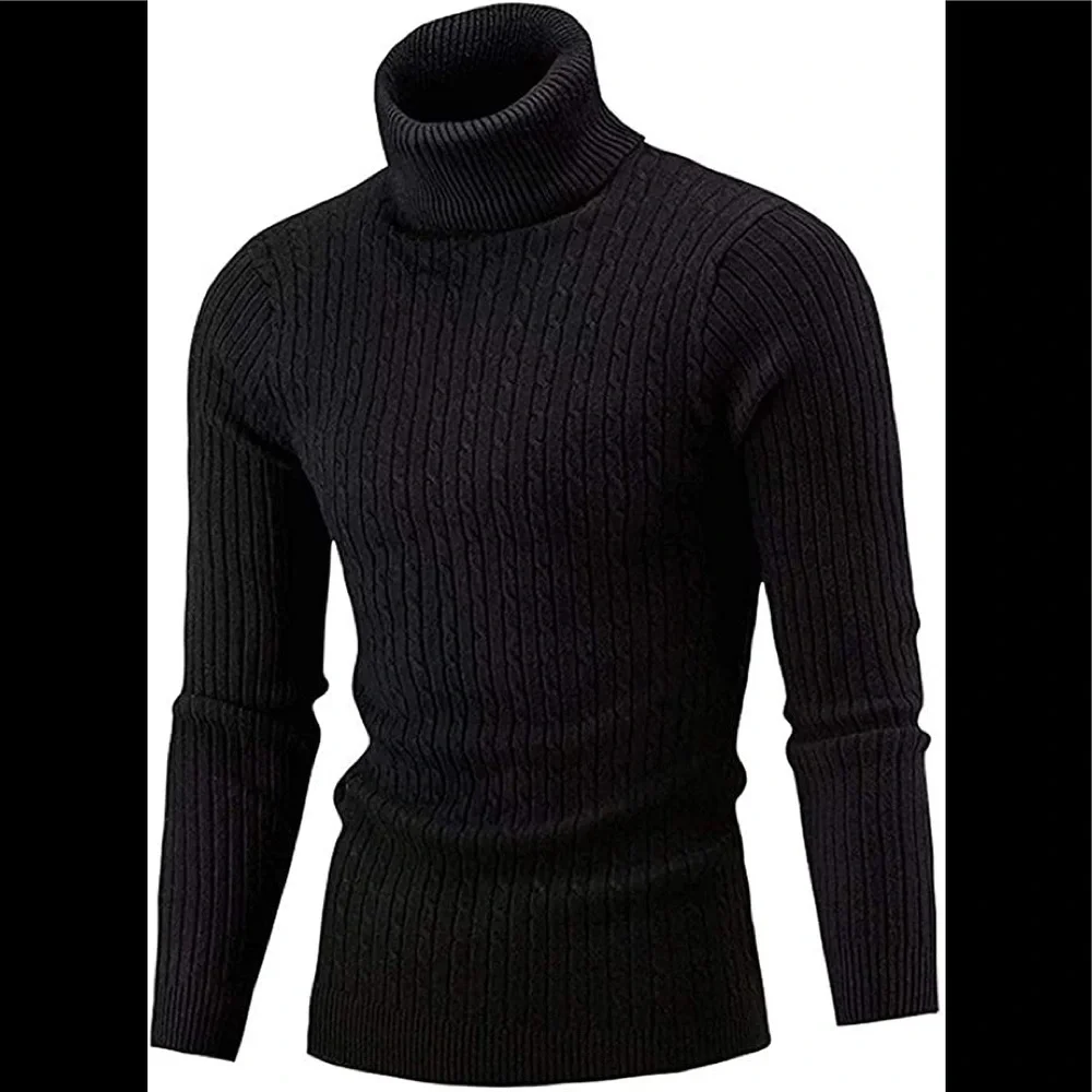 New Mens Turtleneck Thermal Lightweight Patterned Sweater Multiple Sizes Black - Picture 1 of 1